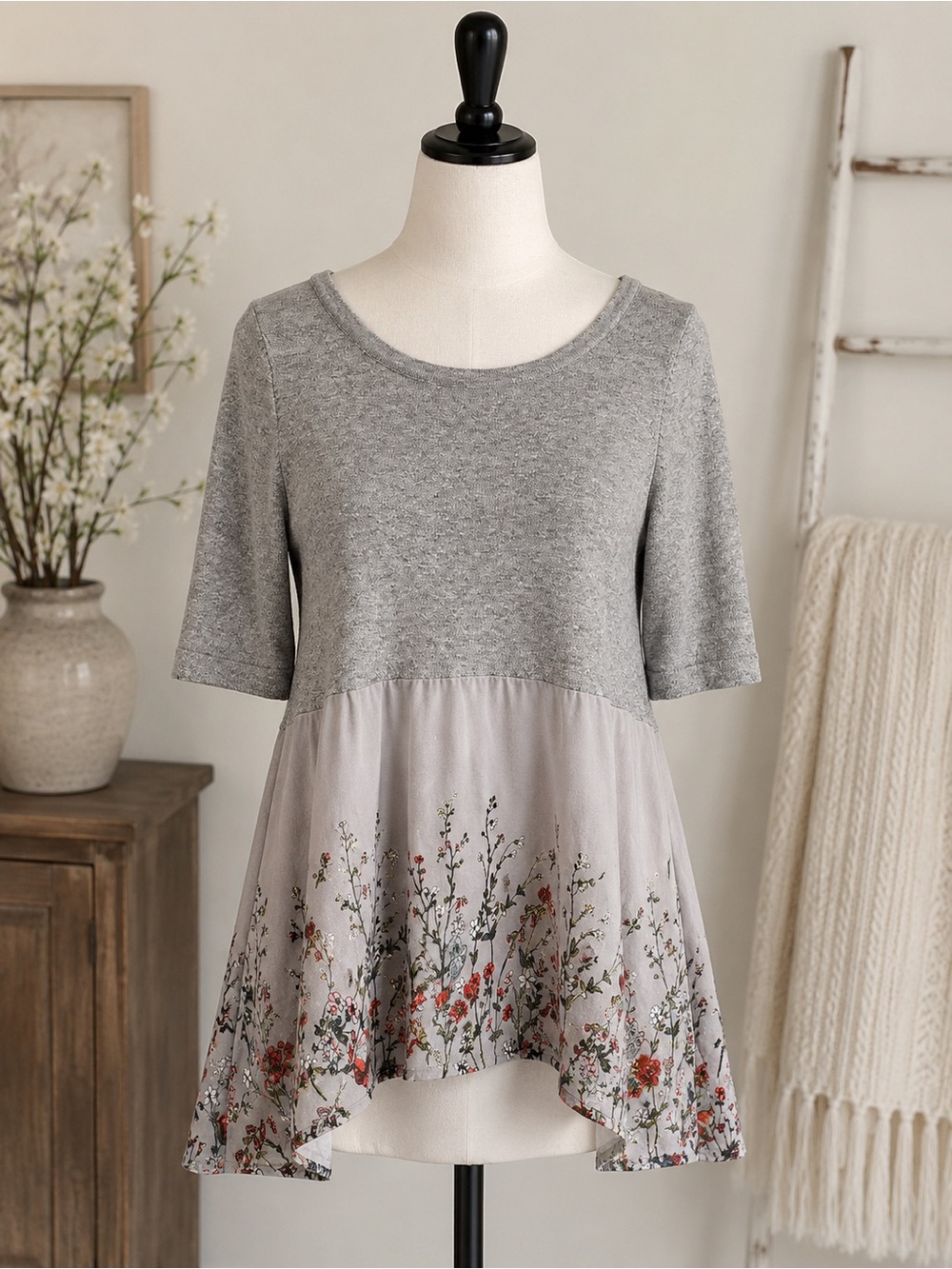 Gray Floral Babydoll Tunic Top Women 3/4 Sleeve Cottagecore Boho
